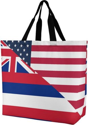 Generic U.S. And Hawaii Flag Large Reusable Shopping Bag Lightweight Foldable Tote Bags Washable Shoulder Handbag
