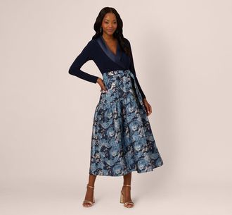 Adrianna Papell Long Sleeve Tuxedo Jacquard Combo Gown In Midnight Multi