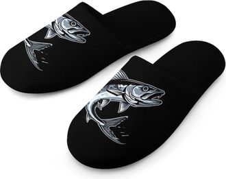 Generic Ocean Blue Fish Spanish Mackerel Wahoo Warm Mens Slippers Slip On Soft Fleece House Shoes Winter Indoor Outdoor
