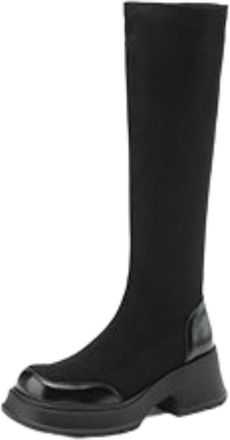 Generic Womens Knee-High Suede PU Leather Boots Square Toe Chunky Platform Block Heels Stretchy Slip On Mixed Material Soft Lining Cushioned Durable Outsole,B