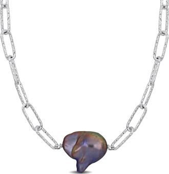 Mimi & Max 13-14mm Grey Cultured Freshwater Baroque Pearl Paperclip Necklace in Sterling Silver - 16+2 in