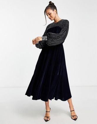 Asos midi dress with linear yoke embellishment in navy velvet-Black