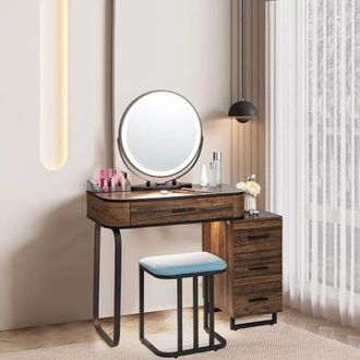 Costway Costway Dressing Table Vanity Set Makeup Stool with Charging Station & 3 Color Lighted Swivel Mirror & 3 Drawer Chest in Brown