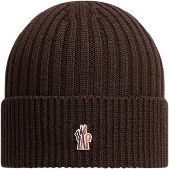 Moncler Donkerbruine Wol Ribgebreide Muts - unisex - Hoeden - Bruin - ONE Size - Wol - Accessoires