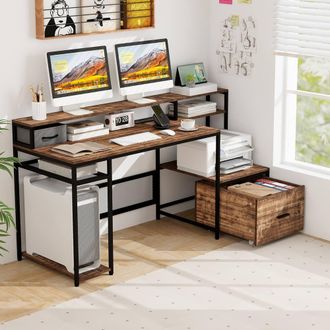 Costway Costway 170CM Computer Desk w/Monitor Stand & File Drawer Writing Desk in Brown