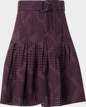 Akris Diamond Eyelet Cotton Poplin Belted Flare Skirt