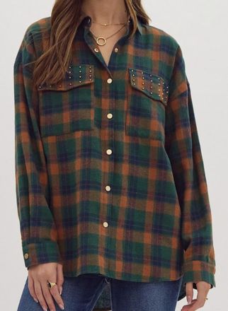 Entro Stud Plaid Button Down Top In Green