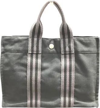 Herm&egrave;s Fourre Tout Black Gray Canvas Tote Bag (Pre-Owned)