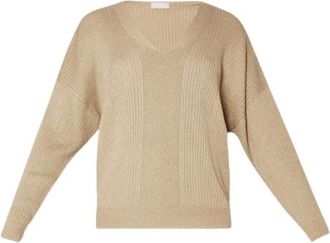 Liu Jo Deep V Lurex Top - Dames - V-hals truien - Beige - S - Polyester - Truien & Vesten