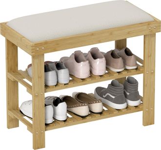 HOMCOM 3-Tier Shoe Storage Bench - Bamboo Shoe Rack for Entryway - Cream | TJ Hughes