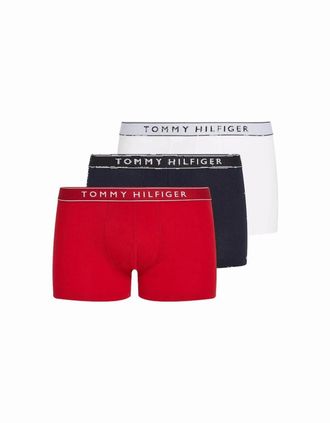 Tommy Hilfiger Mens Tommy Hilfiger 3-Pack Signature Cotton Boxer Trunks, White/Medium Red/Desert Sky - Size: 32/30/31