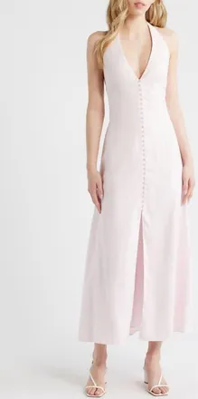 LoveShackFancy Lovis Halter Neck Linen Dress in Potpourri Pink at Nordstrom, Size Xx-Large
