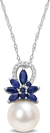 Mimi & Max 9.5-10 MM Cultured Freshwater Pearl and 3/8 CT TGW Sapphire and nd Diamond Accent Flower Pendant with Chain in 14k White Gold