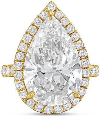 Diana M. Jewels 18kt yellow gold 12cts pear lab grown diamond halo ring with pave band