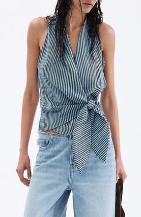 Mango Striped Halter Top with Fixed Knot in Blue at Nordstrom, Size 10