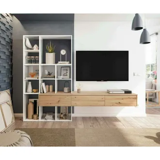 Dmora Dmora - Mueble alto Dnovelli, Juego de salón con 3 cajones, Librería salón multiusos, 226x28h173 cm, Blanco y Roble Nodi