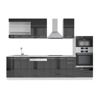 Vicco Mueble De Cocina Fame-line, Antracita Brillo Intenso/blanco, 300 Cm Con Armario Alto, Et M&aacute;rmol