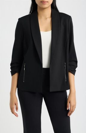 Anne Klein Ruched Sleeve Shawl Collar Jacket in Anne Black at Nordstrom, Size X-Small