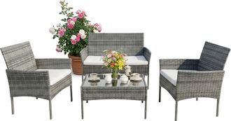 Relaxdays Relaxdays Conjunto Jard&iacute;n Para 4, 4 Piezas, Efecto Rat&aacute;n, Sof&aacute; 2 Pl., 2 Sillones, Mesa De Cristal, Exterior, Gris