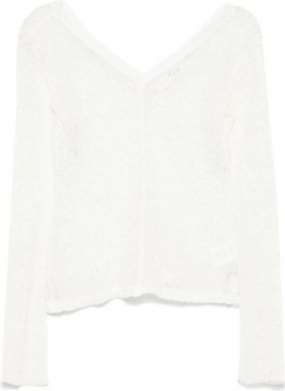 S&eacute;fr Witte Gehaakte Wollen Top met Lange Mouwen - Dames - V-hals truien - Wit - 2XS - Wol - Truien & Vesten