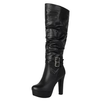 Generic Womens Sexy Platform Knee High Boots Round Toe Chunky Heel With Side Zipper Buckle And Pleated Shaft Detail