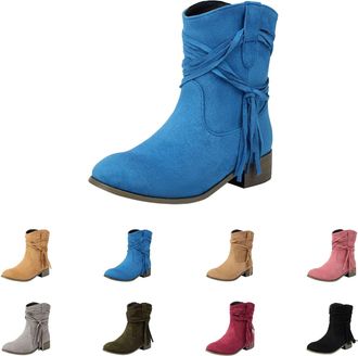 Generic Wide Fit Suede Ankle Boots Women Size 4.5 Round Toe Low Heel Booties Slip On Mid Calf Shoes Comfortable Walking Shoes Winter Warm Casual Lightweight A