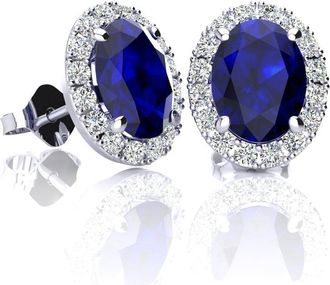 SuperJeweler 2 1/4 Carat Oval Shape Gemstone and Halo Diamond Earrings In Sterling Silver