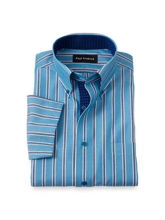 Paul Fredrick Tailored Fit Non-iron Cotton Stripe Dress Shirt With Contrast Trim