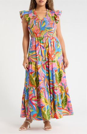 Sugarlips New Guinea Sunfire Tiered Midi Dress in White-Multi at Nordstrom, Size 1X
