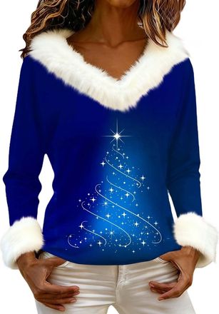 Generic Christmas Sweatshirts for Women Faux Fur Trim Plush V Neck Funny Xmas Tops Novelty Santa Claus Wine Glass Graphic Pullover Shirt (Z05-Xmas 11, M)