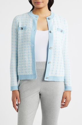 Anne Klein Lady Tweed Cardigan in Opal Blue /White Dove at Nordstrom, Size Small