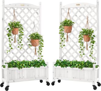Best Choice Products Set of 2 48in Wood Planter Box & Diamond Lattice Trellis, w/ Drainage, Optional Wheels
