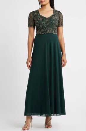 Pisarro Nights Beaded Bodice A-Line Gown in Hunter 317 at Nordstrom Rack, Size 16