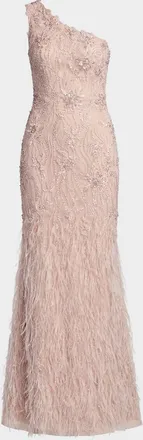 Mac Duggal Embellished Lace One-Shoulder Feather Gown