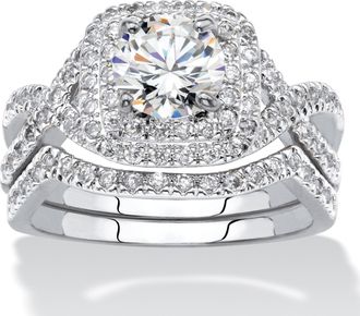Palm Beach Jewelry 2.20 TCW CZ Two-Piece Halo Bridal Ring Set in Platinum-Plated