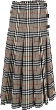 Burberry Beige Midi Skirt With Side Buckle Closure And All-over Check Motif In Wool Woman