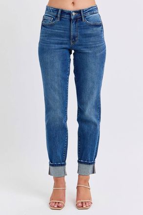 Judy Blue Mid Rise Wash Boyfriend Jeans With Cuff In Blue