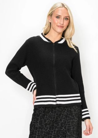 YAL New York Black Waffle Knit Zip Cardigan with Striped Trim