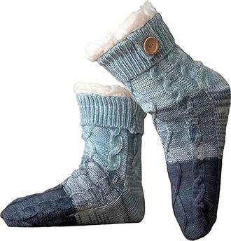 Generic Knitted Ultra-Thick Slipper Home Socks, Knit Patchwork Non-Slip Warm Winter Christmas Socks Cozy Fuzzy Fleece-lined (Blue,One Size)