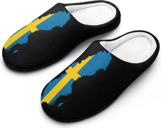 Generic Sweden Flag Map Mens House Slippers Memory Foam Washable Cotton Slip on Home Shoes