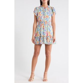 Sugarlips Ezia Garden Floral Print Ruffle Minidress in Blue-Pink at Nordstrom, Size X-Small