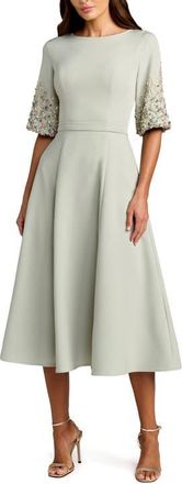 Mac Duggal Crepe A Line Midi Dress With Beaded Sleeves in Sage at Nordstrom, Size 14