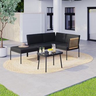 IDMarket Conjunto De Muebles De Jard&iacute;n Modulares Bajos De 4 Plazas Rio Estructura De Metal Negro, Cordaje Efecto Rat&aacute;n Claro Con Cojines