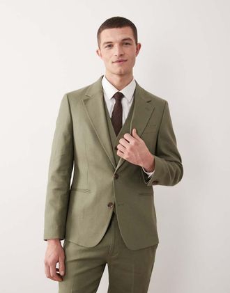 Asos Giacca da abito skinny in misto lino verde oliva