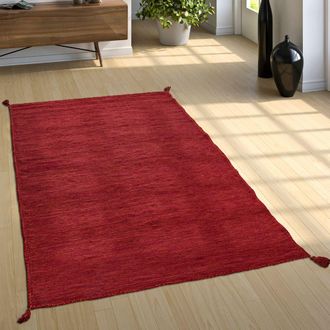 Paco Home Alfombra Natural Sal&oacute;n Con Flecos, Moderna Tejida A Mano Kilim, 100 % Algod&oacute;n 60x110 Cm, Rojo - Paco Home