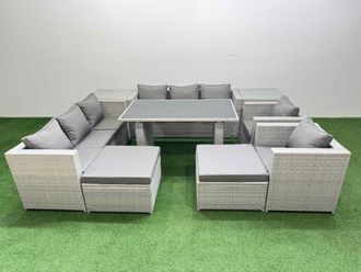 Fimous 10 Seater Outdoor Dining Table 3 Seater Sofa Set with 2 Side Tables in Light Grey