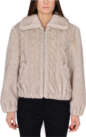 Liu Jo Jassen, Dames, Beige, S, Polyester, Kort Imitatiebont Jack met Vlecht Detail