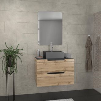 Aurlane Aurlane - Mueble De Ba&ntilde;o 80 Cm 2 Cajones - Roble Y Negro-lavabo Cuadrado-espejo 60x80