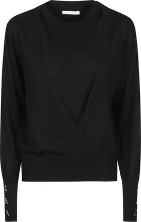 Patrizia Pepe Long Sleeve Cropped Deep V-Neck Wool Sweater
