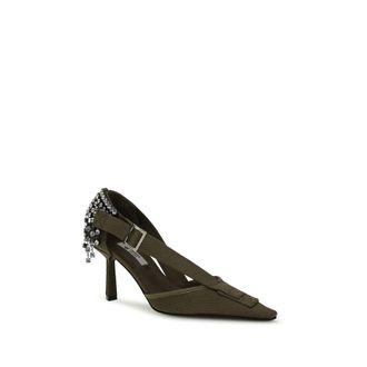 Prada Womens Crystal-Embellished Canvas Pump Khaki Cotton